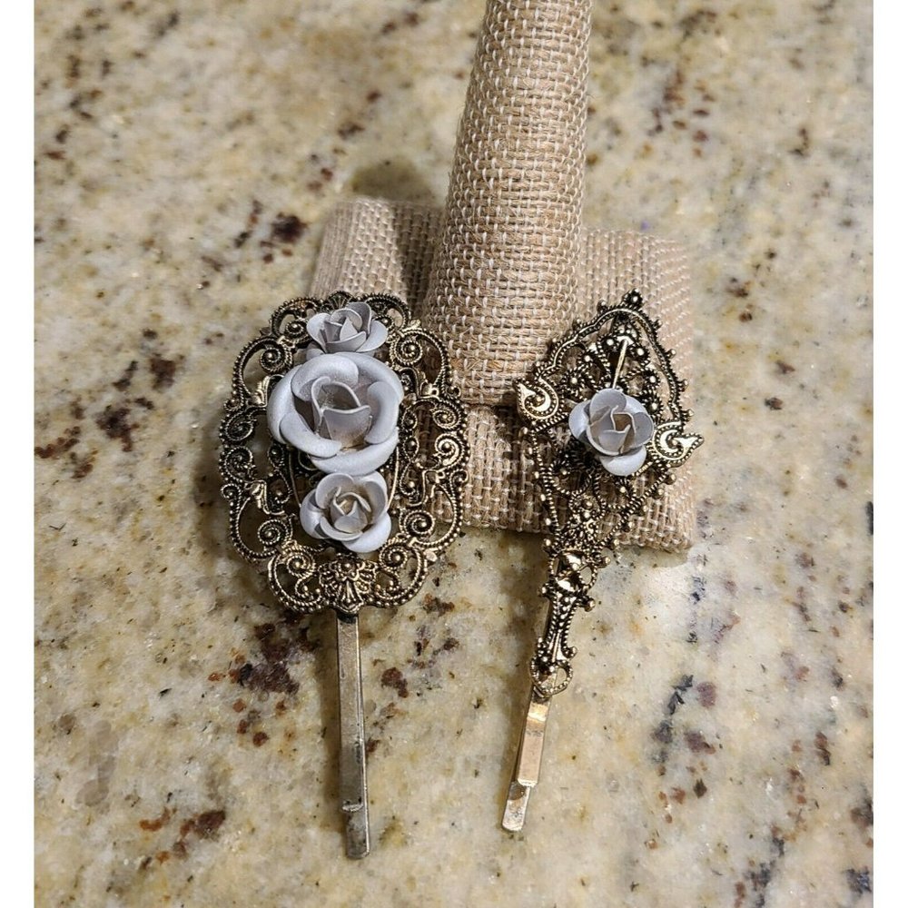 Gray Rose Flower Hair Pins Hair Clip Floral Bobby Pin Ornate Gold Tone Vintage
